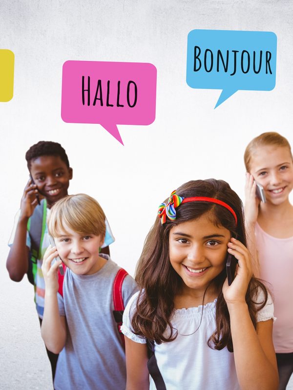 Digital composite of Hello in different languages chat bubbles learning with kids